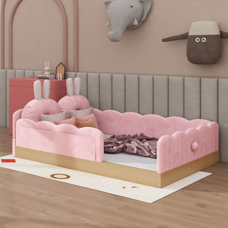 Lit plateforme tapissier simple avec coussins et sacs de rangement, Rose