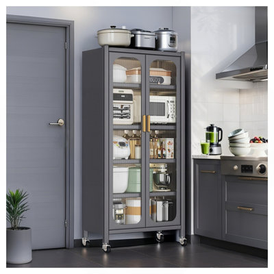 65" Kitchen Pantry Storage Cabinet, 6 Tier Metal Display Storage Cabinet with Transparent Door, Adjustable Shelves & Wheels, Food Pantries Cabinets, f