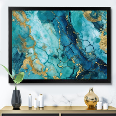Turquoise luxueux, art fluide abstrait VII - Art abstrait encadré