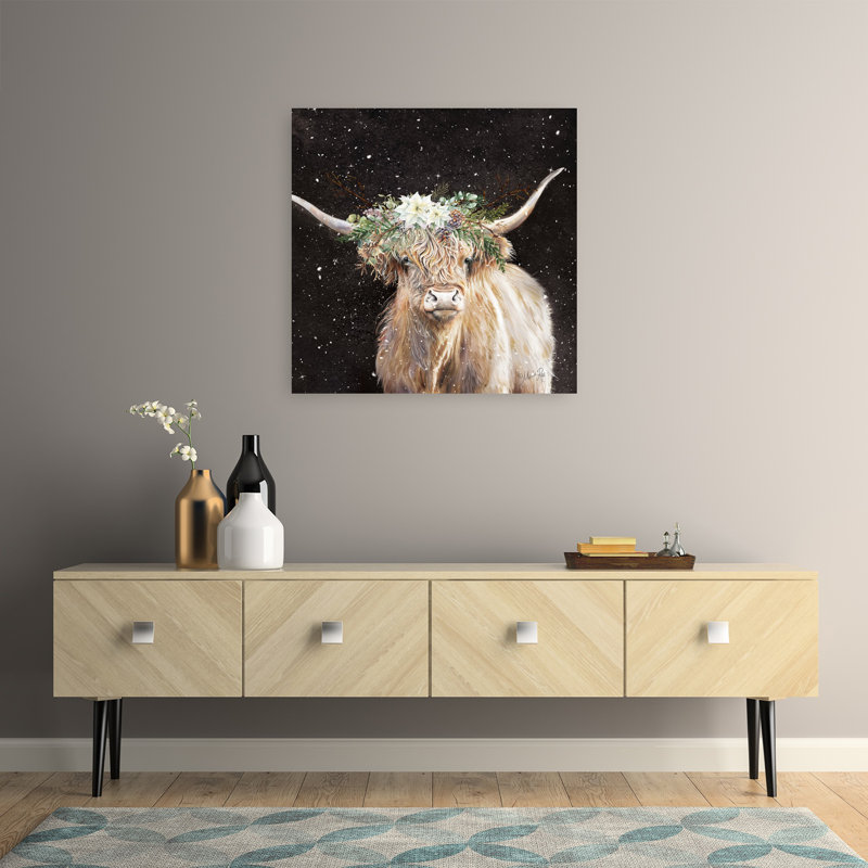 Art mural de Noël contemporain blanc avec Highland Cow, 32" H x 32" W