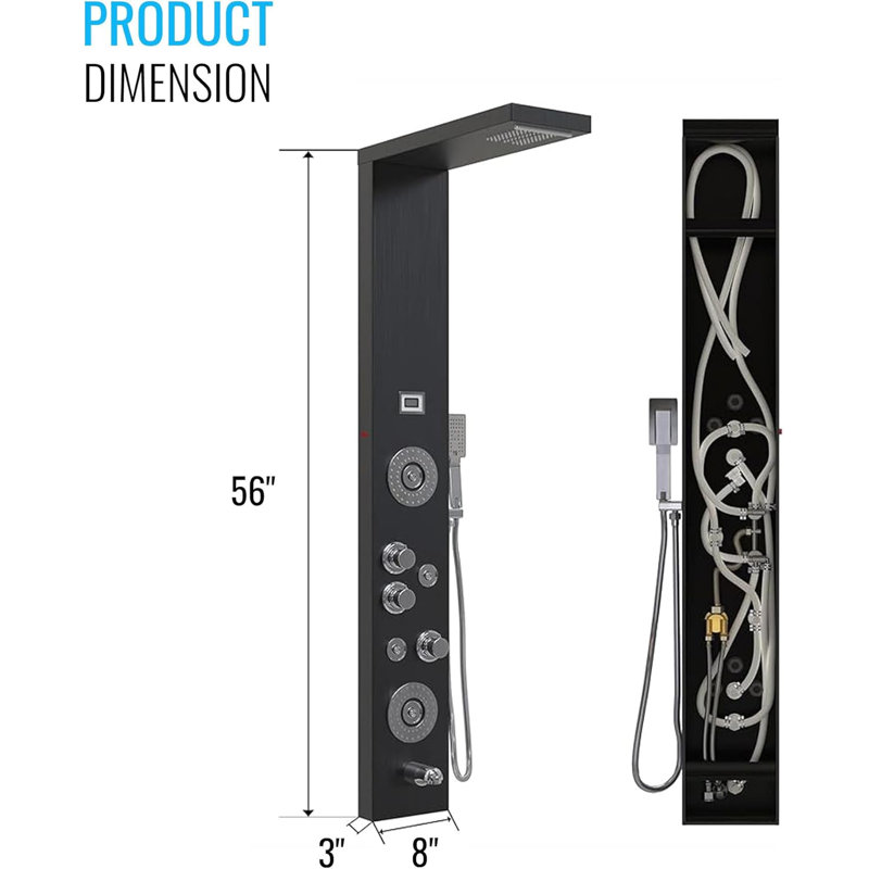 Stainless Steel Matte Black Shower Panel System Fixed LED Rainfall & Waterfall Showerhead
