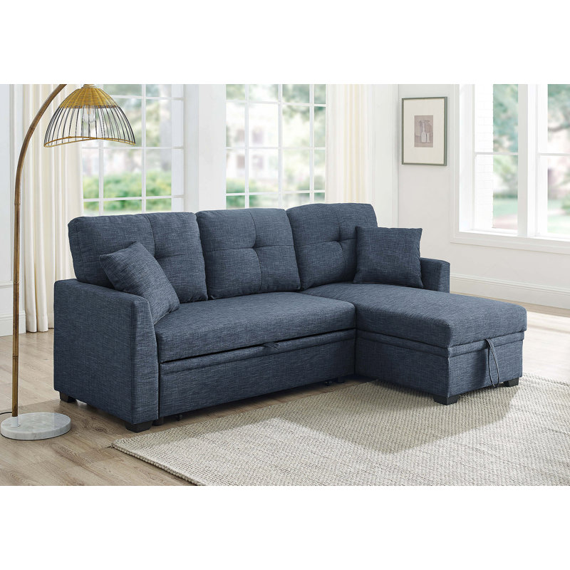 Canapé modulaire 76,5 po en mélange de lin avec lit escamotable et rangement pour chaise longue, Bleu très foncé