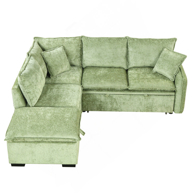 82.67"Convertible Sofa Bed Sectional Sofa Sleeper L-Shaped Sofa With A Storage Ottoman,Two Pillows, Two Power Sockets And Two USB Ports For Living Room, Green