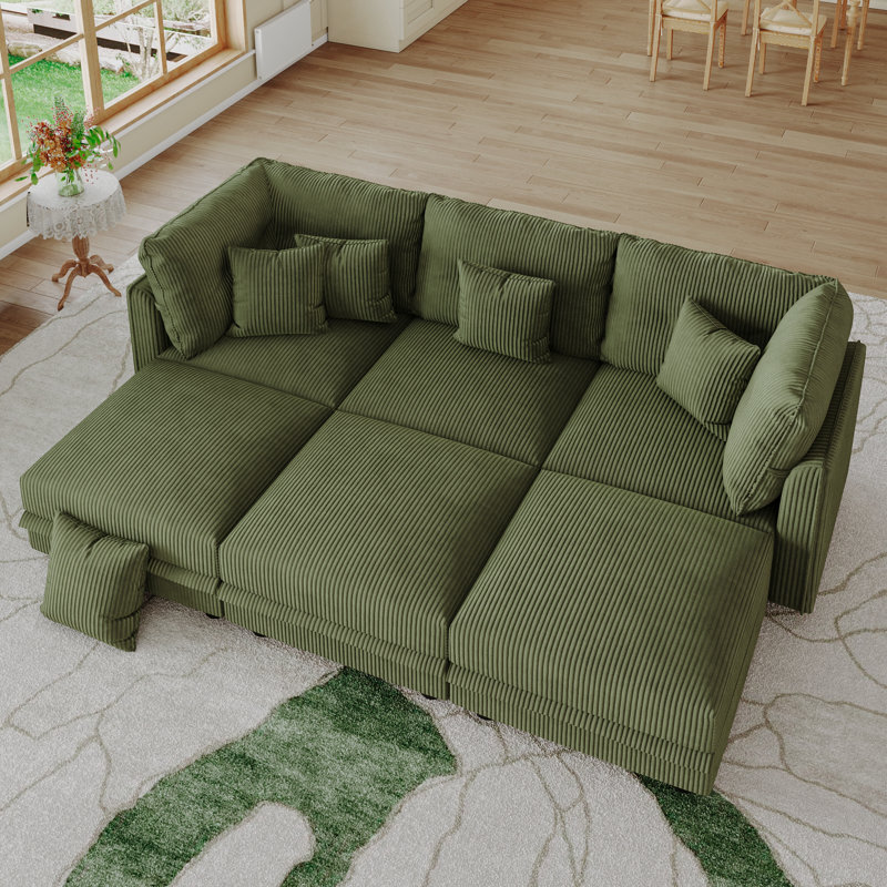Degennaro 6 Seat Corduroy Convertible Modular Sectional Sleeper With Storage, Green Corduroy