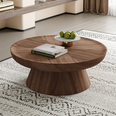 Mid - Century Modern Round Coffee Table, 35.4” Walnut Wood Center Table with Pedestal Base, Stylish & Functional Accent Table for Living Room