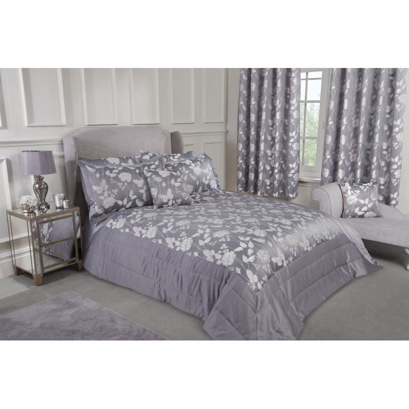 Leah Polyester Floral Bedspread with Pillow Shams Included, Silver