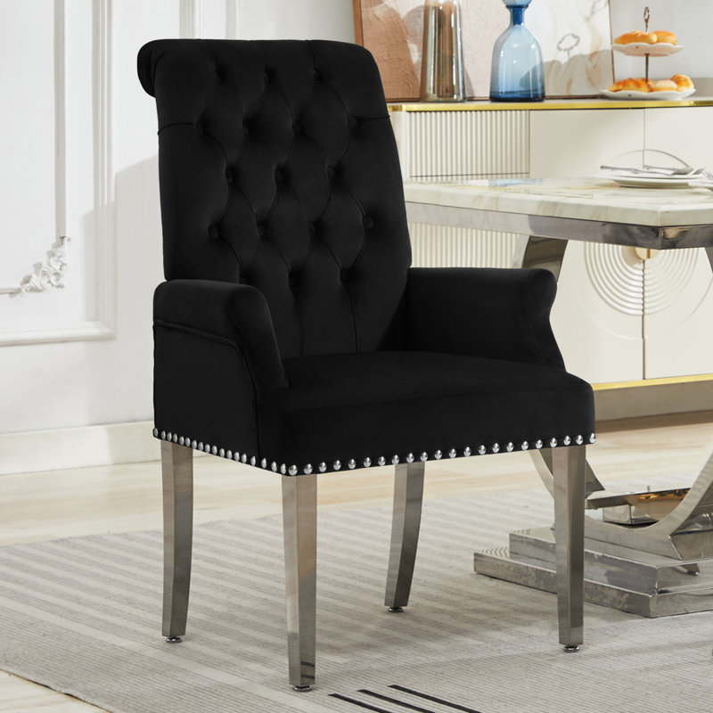 Chaises de salle à manger rembourrées à accoudoirs capitonnés, Velours noir