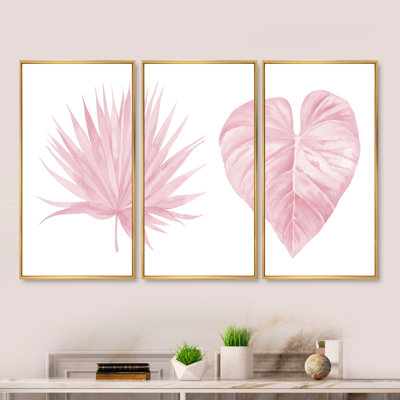 «Tropical Pink Watercolor Leaves II», reproduction de cadre flottant sur toile 3 pièces
