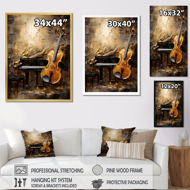 Rétro harmonie violon et piano - musique, art mural, Cadre flottant noir, H 20 po x l 12 po x P 1 po