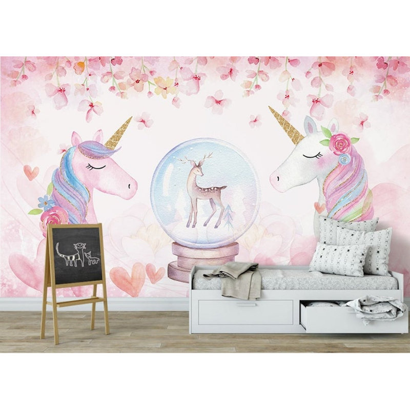 Papier peint amovible à motif de licorne et de cœur rose, L 105,96 po x l 187 po