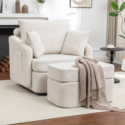 39''W Chenille Swivel Accent Chair With Compression Ottoman for Living Room and 2 Pillows