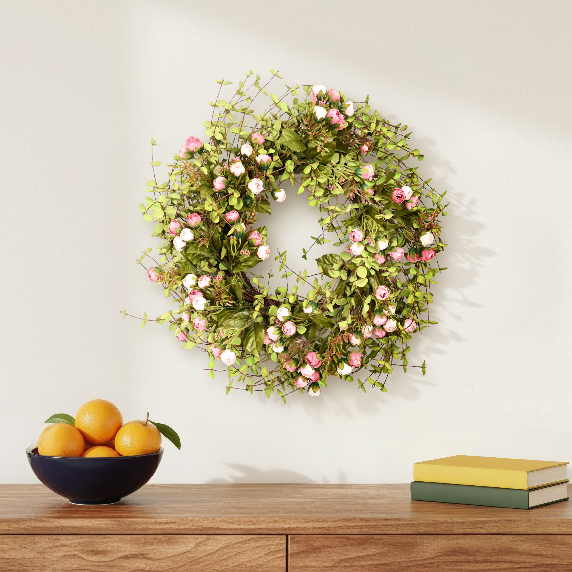 26" Artificial Farmhouse Twig Blossoms Cluster Greenery Mini Eucalyptus Rose Spring Summer Wreath For Front Door Wedding Party Home Decor