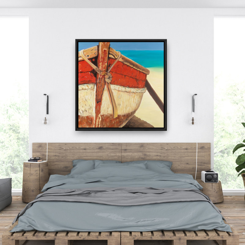 Tied up rowing boat - Coastal Brown framed canvas decor