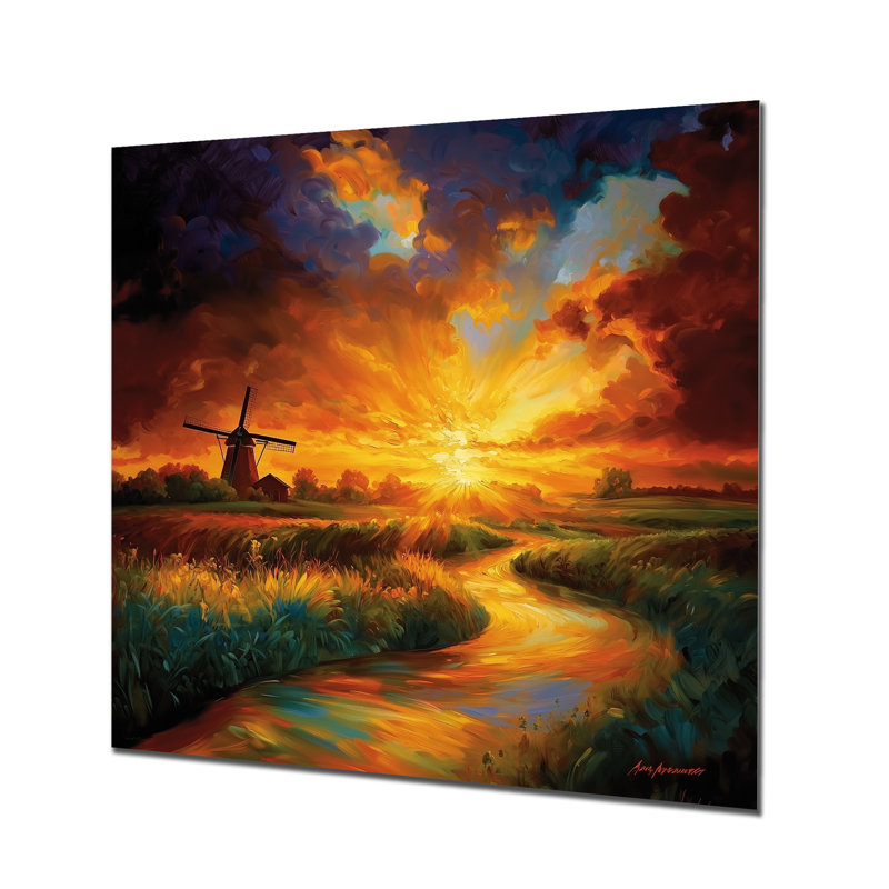 Moulin à vent dans la campagne - moulins à vent, décor métallique, H 29 po x l 29 po