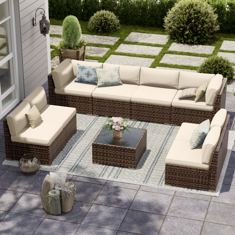 Avamay Rattan Sectional Seating Group with Cushions, Cream Performance Microfiber, No