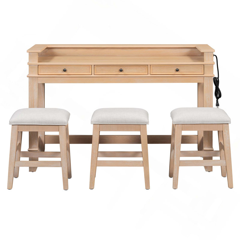 Ensemble de table de salle à manger Retro 4PCS avec 3 chaises et 3 tiroirs de rangement USB multiprise pour petits espaces