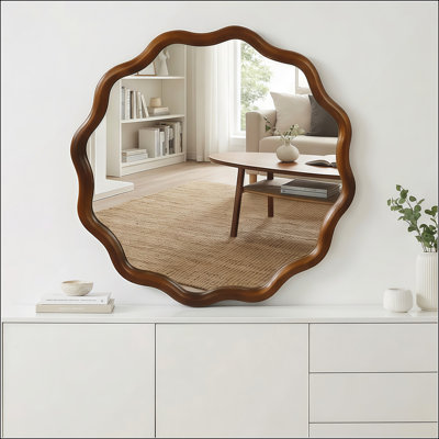 Miroir mural rond 30 po en bois de noyer noir ondulé