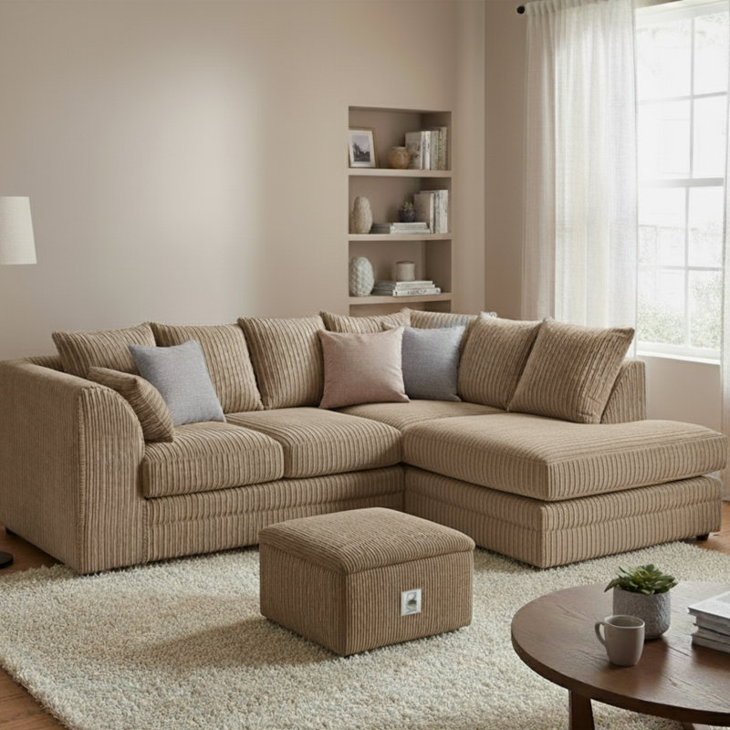 Jumbo Cord Upholstered Corner Sofa Small Back Cushion with Foot Stool , Beige, Right Hand Facing