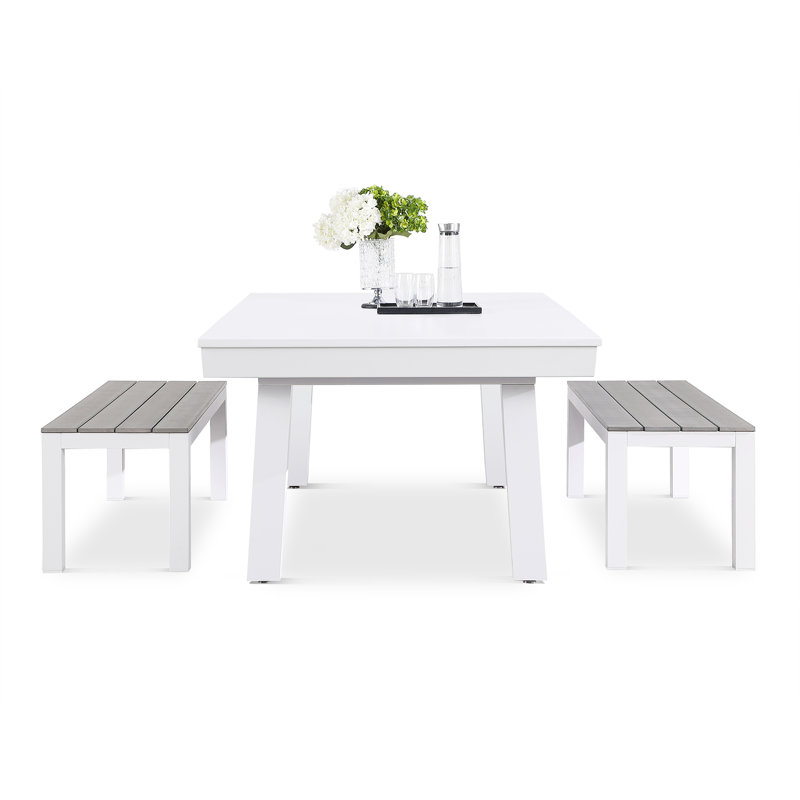 Table de salle à manger d'extérieur / d'intérieur en ardoise avec 2 bancs et accessoires Oasis, Mauve clair, Blanc
