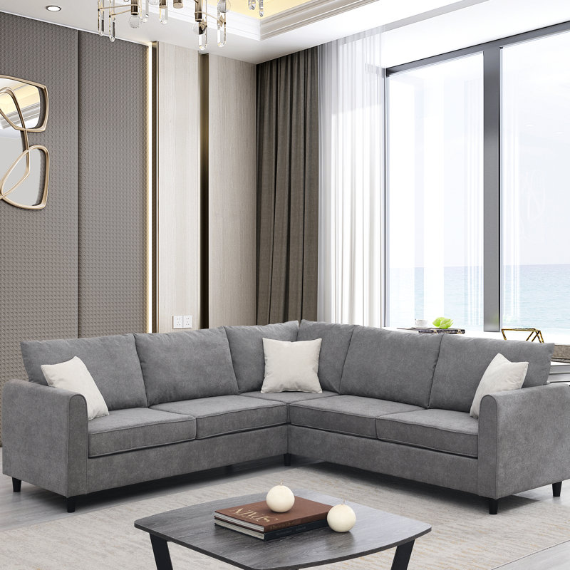 Salon en forme de L moderne, 91 x 91 po, revêtement gris, 3 coussins, rembourrage en mousse et à ressorts ensachés, confortable, tissu modulaire 100% avec rembourrage de siège confortable, assemblage facile