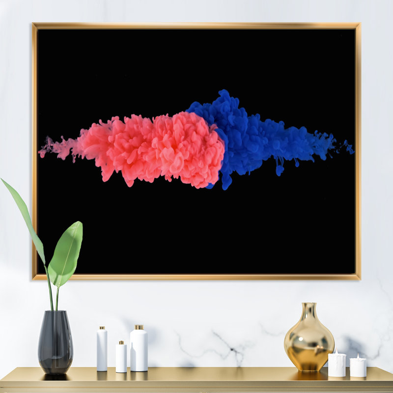 «Red and Blue Ink Streams Mix in the Center I», impression sur toile, H 30 po x l 40 po, Toile à cadre flottant doré