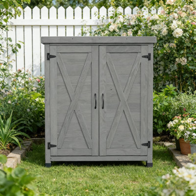 Banc d'extérieur avec armoire de rangement en bois massif et plateau en métal