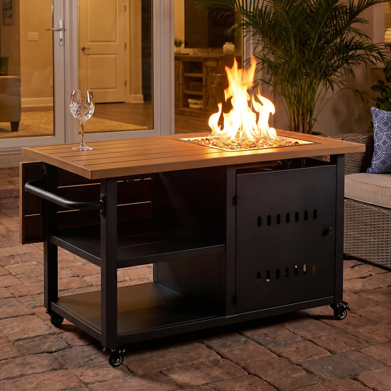 44" Rectangular Propane Fire Pit Table, 50,000 BTU Outdoor Firepit with Cover and Wind Guard, Black
