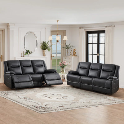 Elegant Modern Overstuffed Manual Premium Genuine Leather Triple Seater Recliner Sofa(Set Of 2）