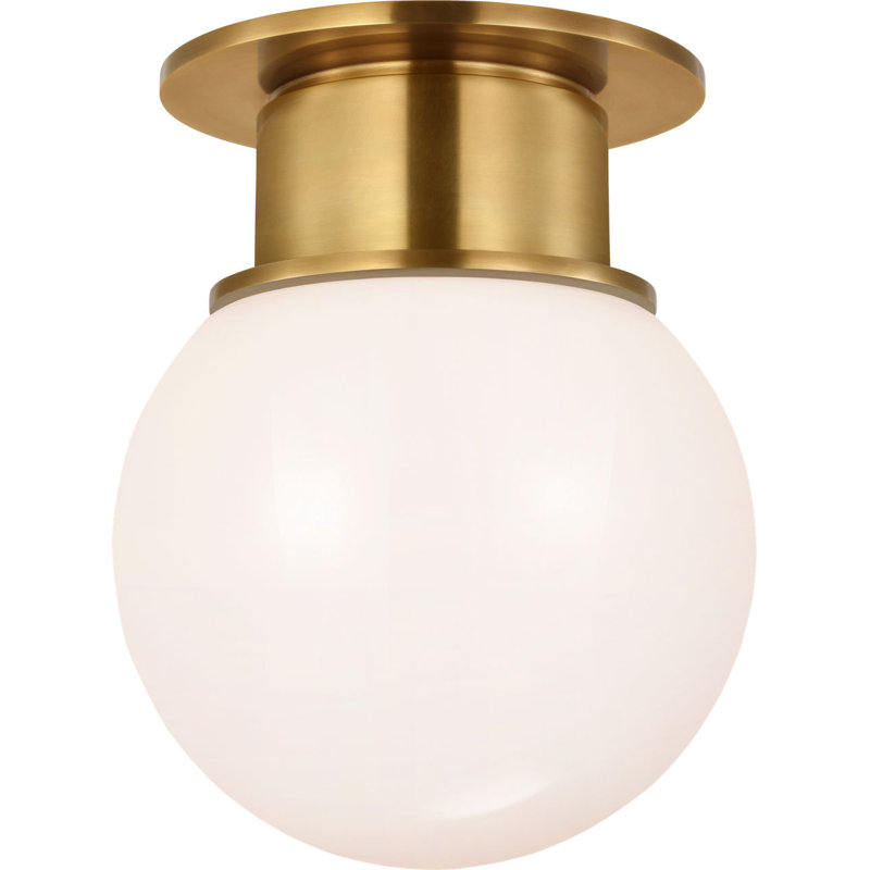Callan Flush Mount with White Glass Dome, Antique-Burnished Brass, 11" H x 9" W x 9" D