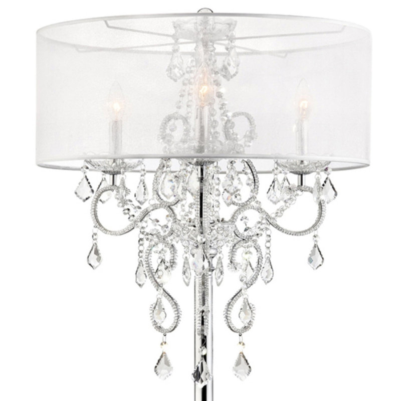 Grande lampe de table 35 "Evangelia", finition argentée et accents de cristal, abat-jour transparent
