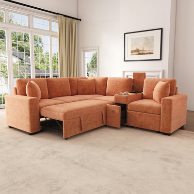 L-shaped Convertible Sofa Bed with Pull-Out Bed, Cup Holders, and Ample Storage Space for Modern Living Rooms