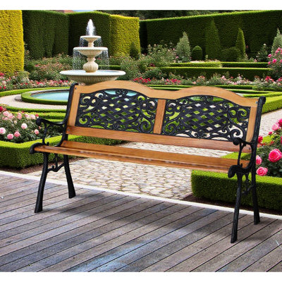 Banc de patio d'extérieur avec des cadres en bois de pin et en métal, avec une courbe douce, un dossier incliné pour s'asseoir, une taille totale de 50 po en métal fin, pour une détente optimale, une conception à lattes ouvertes