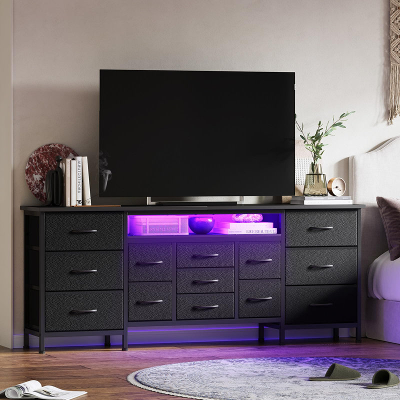 70" Long Dresser TV Stand for 65–80" TVs, Entertainment Center with 13 Drawers, Power Outlets & LED Lighting, Black
