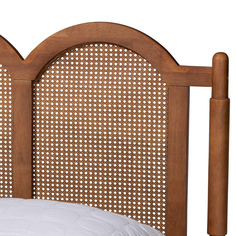 Walnut Brown Wood Queen Platform Bed with Woven Rattan Headboard