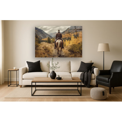 Rider in Autumn Landscape Frameless Tempered Glass Wall Art - 40" x 60"