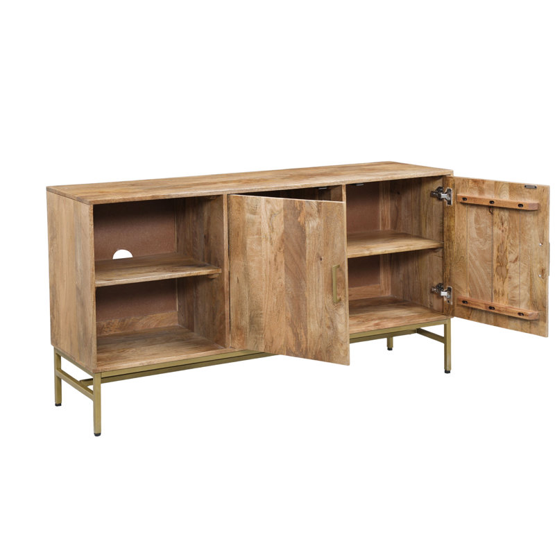 Buffet Lysa 50 pouces avec tablettes ouvertes, base en fer doré, bois de manguier brun naturel
