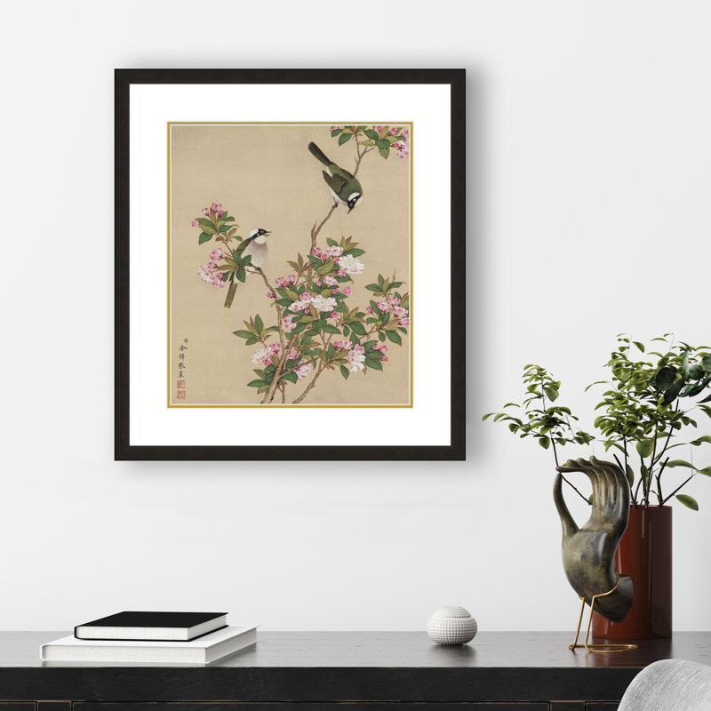 Bulbuls Amidst Peach Blossoms by Yu Zhi - Single Picture Frame Print, Black, 21.5" H x 17.5" W x 0.94" D
