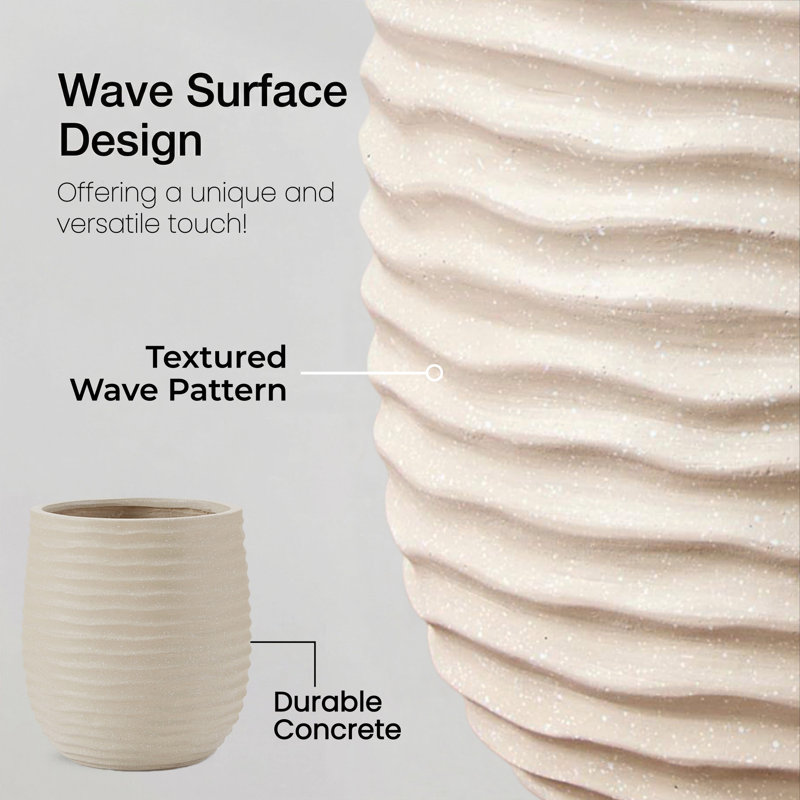 15” Dia Wavy Texture Concrete Planter Set with Drainage Hole, Round Indoor Outdoor Plant Pots in Beige, Beige
