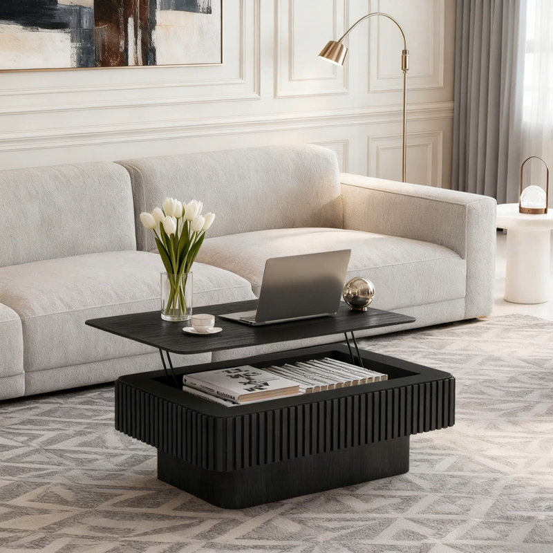 Table basse à plateau relevable cannelé 38,6 po, Noir