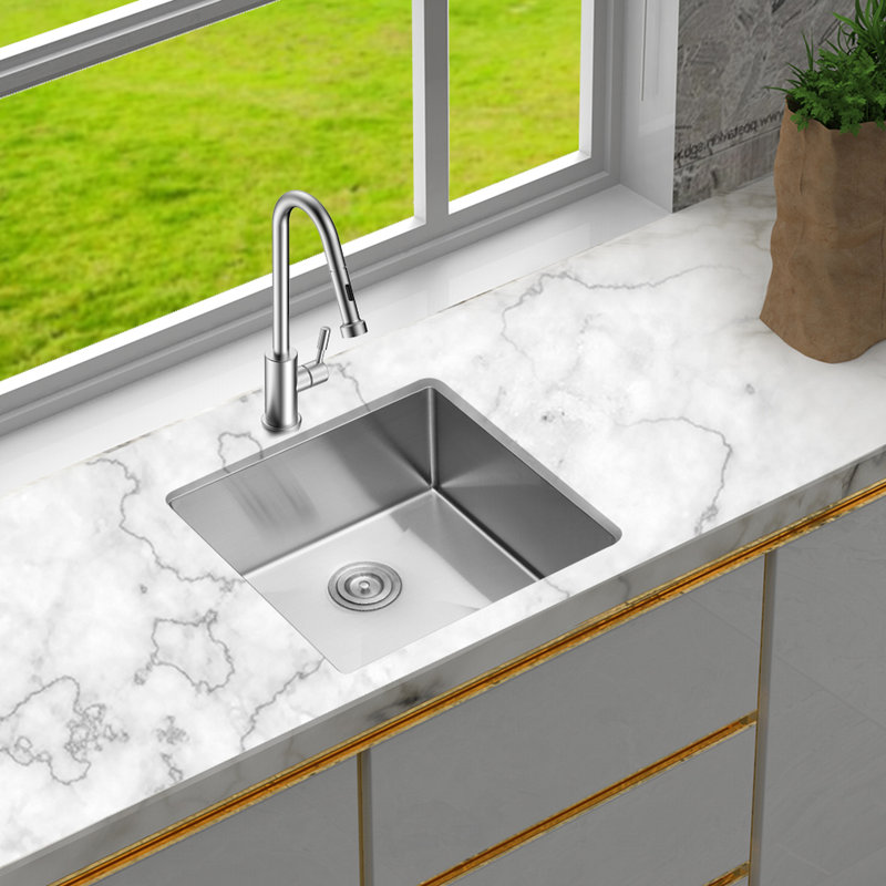Évier de cuisine à simple cuve encastrable 23 po x 18 po 9 po, acier inoxydable de calibre 16, avec ensemble de bonde, revêtement et gabarit de 3 m, drain, guide d'eau en forme de X, dispositif de réduction du bruit