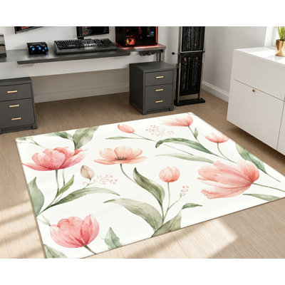 Tapis floral aquarelle, motif floral corail rose, motif botanique artistique, tapis antidérapant lavable à la machine, décoration intérieure moderne pour le salon, la chambre à coucher, la salle à manger, le couloir, le bureau