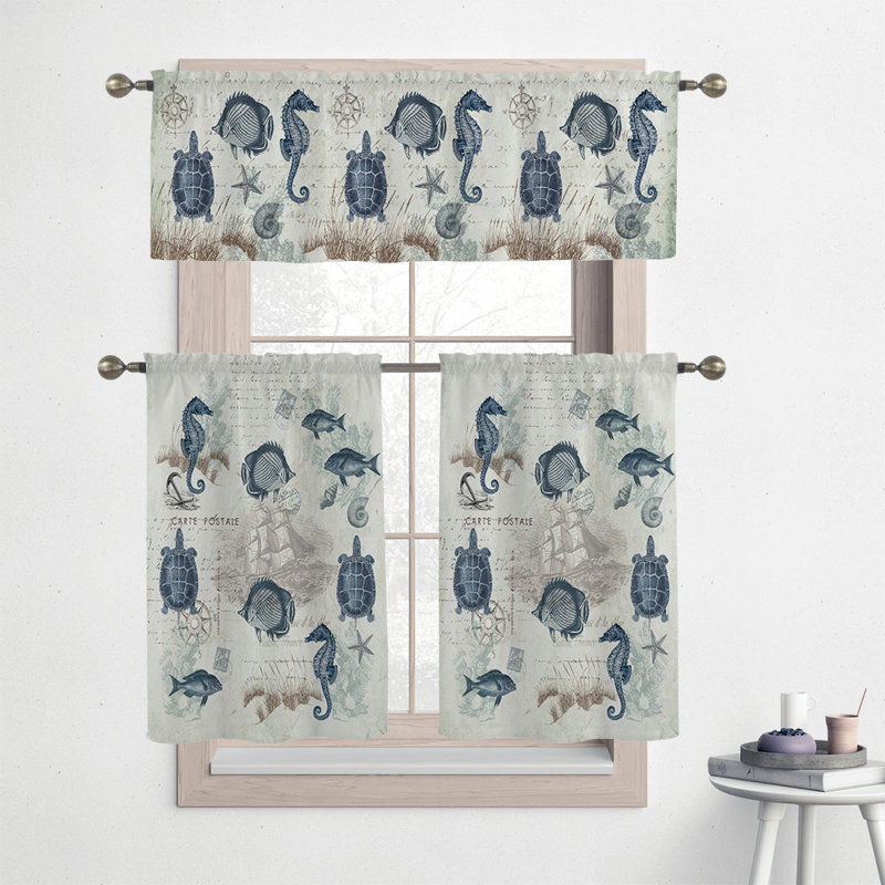 Seaside Postcard Blue Polyester Kitchen Tier Curtain Set