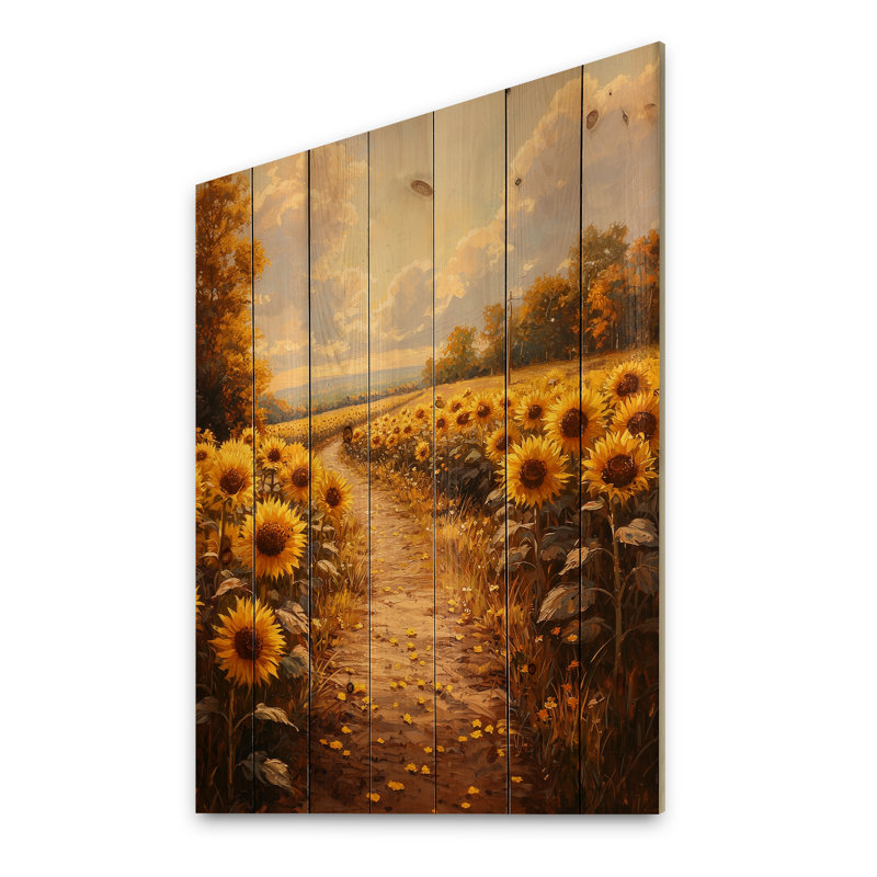 Tournesols le long du chemin de ferme I - Décoration murale en bois de tournesols - sur bois de pin naturel