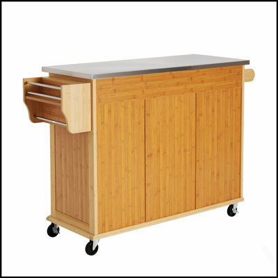 Indoor Bamboo Rolling Kitchen Island with Stainless Steel Top, Mobile Cart with Drawers, Cabinet & Towel Rack for Dining & Bar
