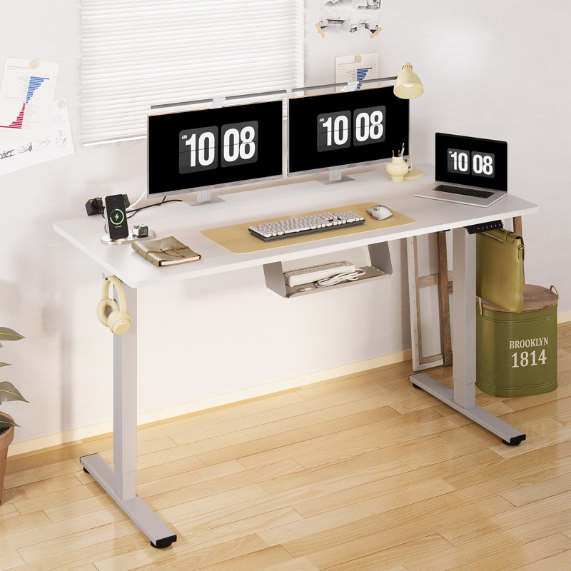 Adjustable Standing Desk, Whole-Piece Desktop, 60" W x 24" D, White/Gray