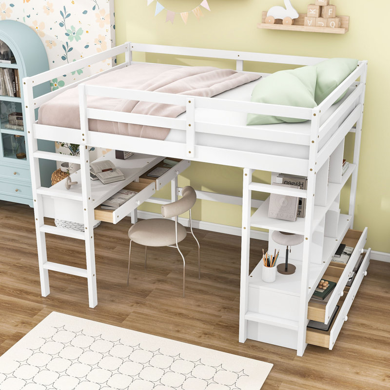 Lit mezzanine double avec bureau intégré et tiroirs de rangement, tablettes