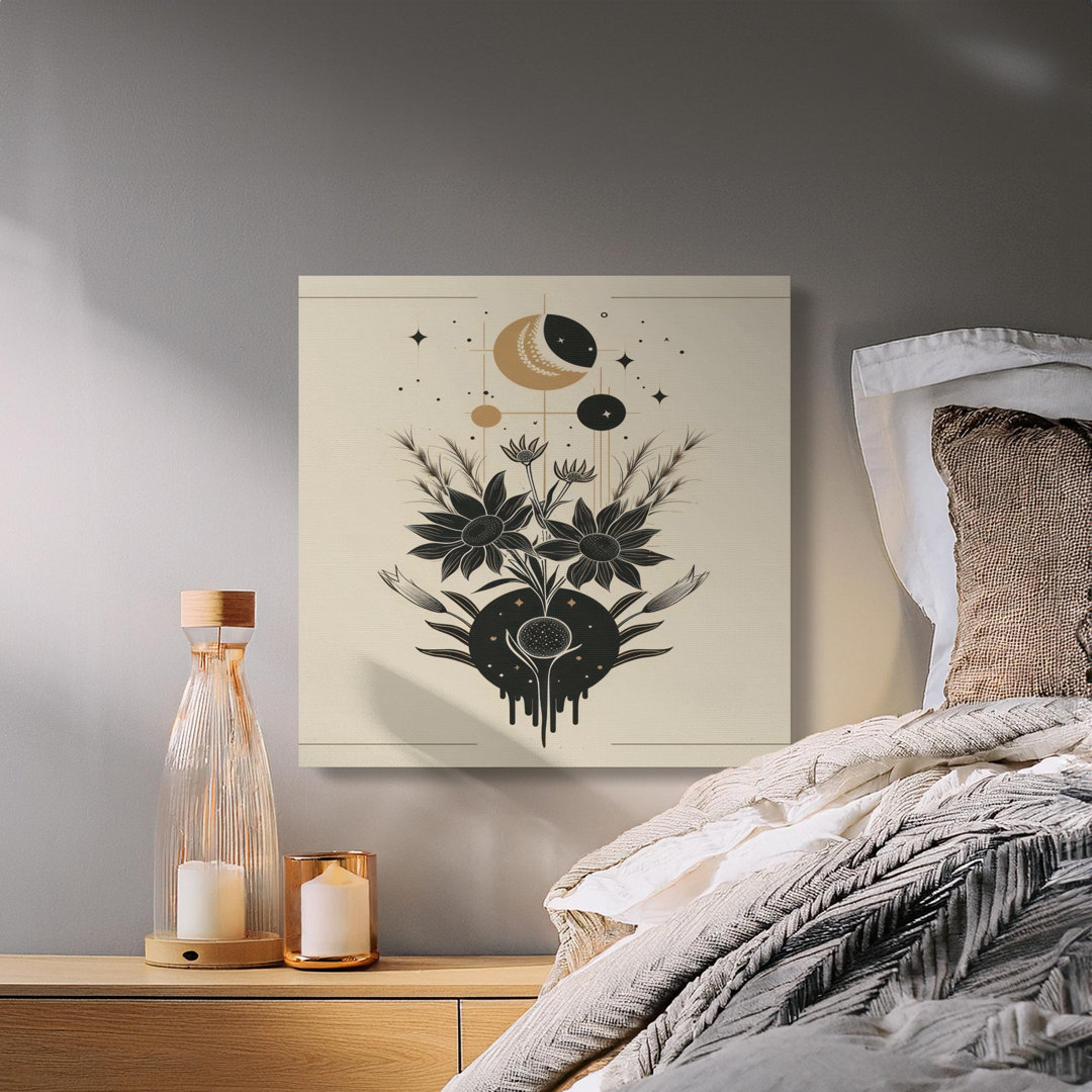 Celestial Floral Canvas Wall Art, Mystical Moon Phase Botanical Decor, Boho Witchy Home Art Print, Spiritual Gift for Her