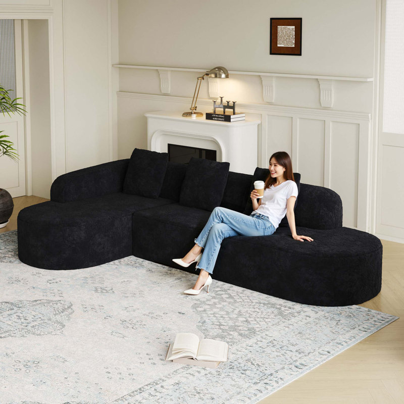 Canapé modulaire incurvé de 111,8 pouces en forme de L, conception moderne en tissu de polyester à poils longs texturé litchi, dossier incurvé avec 3 coussins