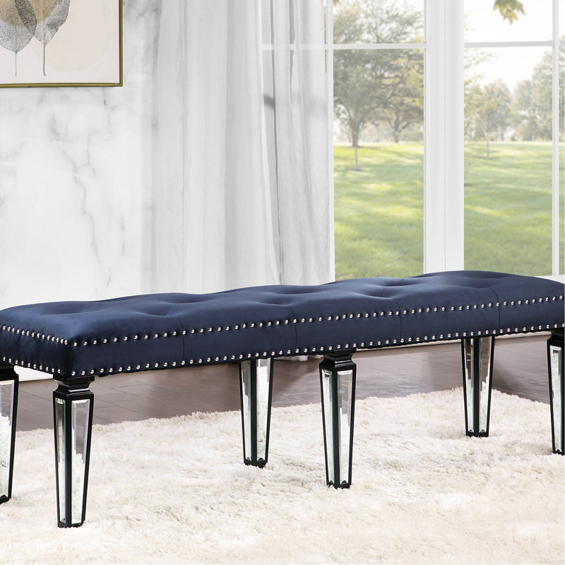 Banc en velours marine foncé avec incrustations de pieds en miroir pour chambre Grace et Allure Intrigue