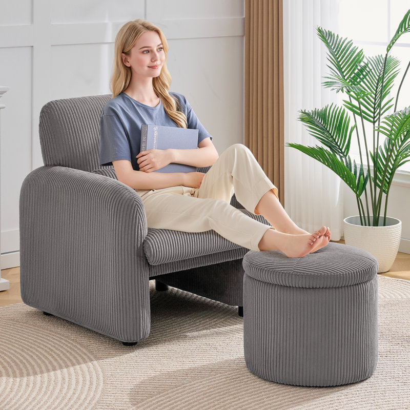 Repose-pieds rond en velours côtelé avec couvercle réversible, Gris